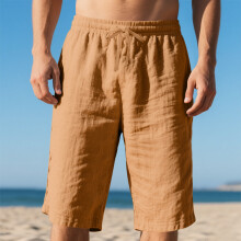 (Earth Yellow, XXL) Linne Dragsko Resår i Midjan Snabbtorkande Raka Ben Enfärgad Andningsbar Vardag Strand Sjupunkts Casual Shorts för Herr