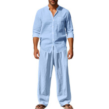 (Light Blue, L) Linen Men's Stand Collar Casual Loose Breathable Long Sleeve Shirt & Pants Beach Set