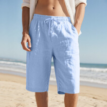(Light Blue, XXXL) Linne Dragsko Resår i Midjan Snabbtorkande Raka Ben Enfärgad Andningsbar Vardag Strand Sjupunkts Casual Shorts för Herr