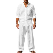 (White, XL) Herresett med stående krage, avslappet, løstsittende, pustende langermet skjorte og bukser i lin, strandsett