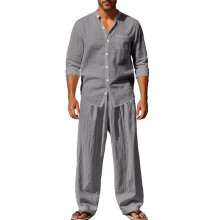 (Gray, XXL) Linen Men's Stand Collar Casual Loose Breathable Long Sleeve Shirt & Pants Beach Set