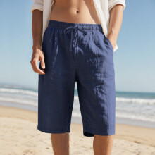 (Navy Blue, XXL) Linne Dragsko Resår i Midjan Snabbtorkande Raka Ben Enfärgad Andningsbar Vardag Strand Sjupunkts Casual Shorts för Herr