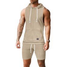 (Khaki, S) Set aus Kapuzenweste und Shorts aus einfarbigem Jacquard-Gewebe für Herren
