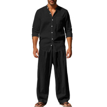 (Black, S) Linen Men's Stand Collar Casual Loose Breathable Long Sleeve Shirt & Pants Beach Set