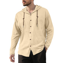 (Apricot, XXXL) Herren-Kapuzenhemd aus Baumwoll-Leinen-Mischgewebe, locker geschnitten, langärmelig, lässige Strandjacke mit Kordelzug