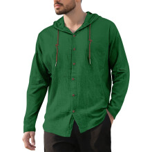 (Dark Green, M) Herren-Kapuzenhemd aus Baumwoll-Leinen-Mischgewebe, locker geschnitten, langärmelig, lässige Strandjacke mit Kordelzug