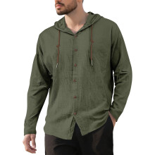 (Army Green, M) Camicia da uomo in cotone e lino con cappuccio, coulisse, maniche lunghe, vestibilità ampia, giacca casual da spiaggia