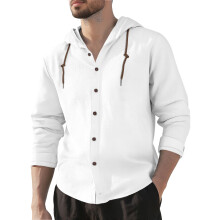 (White, L) Herren-Kapuzenhemd aus Baumwoll-Leinen-Mischgewebe, locker geschnitten, langärmelig, lässige Strandjacke mit Kordelzug