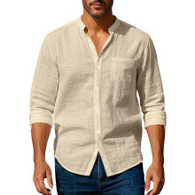 (Khaki, XXL) Camicia in lino primavera/autunno: maniche lunghe, colletto alla coreana, traspirante, casual, da uomo, nuovo stile cinese, con taschino.