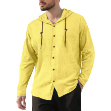 (Lemon Yellow, XL) Camicia da uomo in cotone e lino con cappuccio, coulisse, maniche lunghe, vestibilità ampia, giacca casual da spiaggia