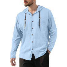 (Light Blue, S) Camicia da uomo in cotone e lino con cappuccio, coulisse, maniche lunghe, vestibilità ampia, giacca casual da spiaggia