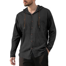 (Black, L) Camicia da uomo in cotone e lino con cappuccio, coulisse, maniche lunghe, vestibilità ampia, giacca casual da spiaggia
