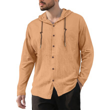 (Earth Yellow, M) Camicia da uomo in cotone e lino con cappuccio, coulisse, maniche lunghe, vestibilità ampia, giacca casual da spiaggia