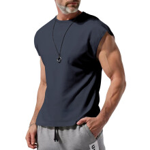 (Navy Blue, XL) Ärmelloses Herren-Sommer-T-Shirt, lässig, locker, einfarbig, dünnes T-Shirt für junge Leute