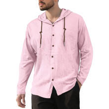 (Pink, L) Herren-Kapuzenhemd aus Baumwoll-Leinen-Mischgewebe, locker geschnitten, langärmelig, lässige Strandjacke mit Kordelzug