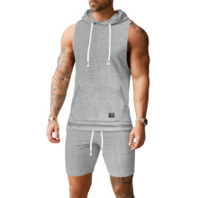 (Light Gray, XXL) Set aus Kapuzenweste und Shorts aus einfarbigem Jacquard-Gewebe für Herren