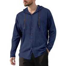 (Navy Blue, M) Herren-Kapuzenhemd aus Baumwoll-Leinen-Mischgewebe, locker geschnitten, langärmelig, lässige Strandjacke mit Kordelzug
