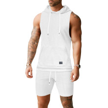 (White, XXXL) Set aus Kapuzenweste und Shorts aus einfarbigem Jacquard-Gewebe für Herren