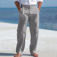 (Gray, XXL) Pantaloni lunghi da uomo americani in cotone e lino, con bottoni e coulisse, a gamba dritta, traspiranti, per l'estate e la spiaggia.