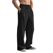 (Black, M) Pantaloni lunghi casual da uomo primavera/autunno, vestibilità ampia, dritti, a righe verticali, vita media alta, gamba larga