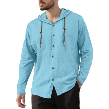 (Sky Blue, XL) Camicia da uomo in cotone e lino con cappuccio, coulisse, maniche lunghe, vestibilità ampia, giacca casual da spiaggia