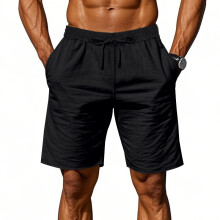 (Black, M) Herrbyxor i linne med andningsfunktion, sommar, avslappnade, lösa, dragsko, fempunktsbyxor