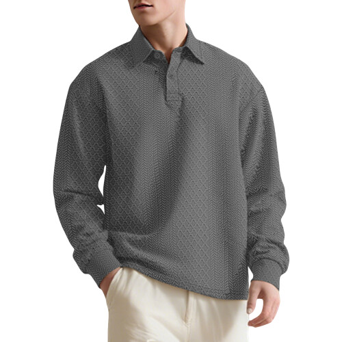 (Gray, XL) Men's Textured Jacquard Solid Button-Up Long Sleeve Loose Sweatshirt