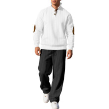 (White + Black, XXXL) Lässiges Herren-Herbstset: Lange Hose mit Stehkragen und Jacquard-Rippstrickpullover