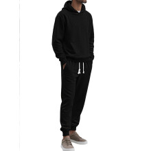 (Black, L) Men's Spring Autumn Loose Casual Sports Long Sleeve Long Pants Large Size Jacquard Hooded Sweatshirt Set