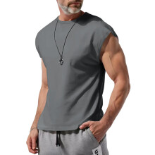 (Dark Gray, S) Ärmelloses Herren-Sommer-T-Shirt, lässig, locker, einfarbig, dünnes T-Shirt für junge Leute