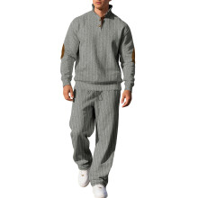 (Gray, M) Lässiges Herren-Herbstset: Lange Hose mit Stehkragen und Jacquard-Rippstrickpullover