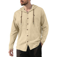 (Khaki, M) Camicia da uomo in cotone e lino con cappuccio, coulisse, maniche lunghe, vestibilità ampia, giacca casual da spiaggia
