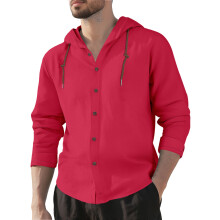 (Burgundy, L) Herren-Kapuzenhemd aus Baumwoll-Leinen-Mischgewebe, locker geschnitten, langärmelig, lässige Strandjacke mit Kordelzug