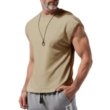 (Khaki, XXXL) Ärmelloses Herren-Sommer-T-Shirt, lässig, locker, einfarbig, dünnes T-Shirt für junge Leute