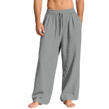 (Gray, XL) Pantaloni lunghi da uomo in lino, larghi e casual, con tasche e coulisse, tinta unita, alla moda.