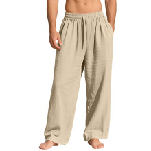(Khaki, XXL) Pantaloni lunghi da uomo in lino, larghi e casual, con tasche e coulisse, tinta unita, alla moda.