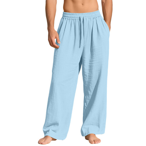 (Light Blue, S) Men's Linen Loose Casual Long Pants with Pockets & Drawstring Solid Trendy