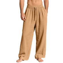 (Earth Yellow, XXXL) Pantaloni lunghi da uomo in lino, larghi e casual, con tasche e coulisse, tinta unita, alla moda.