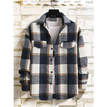 (Navy Blue, M) Camicia da uomo vintage a quadri spazzolati, giacca casual elegante a maniche lunghe con colletto risvoltato.