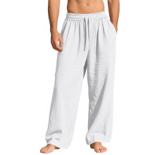 (White, S) Pantaloni lunghi da uomo in lino, larghi e casual, con tasche e coulisse, tinta unita, alla moda.