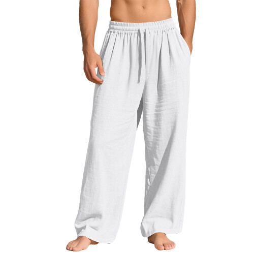(White, S) Men's Linen Loose Casual Long Pants with Pockets & Drawstring Solid Trendy