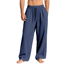 (Navy Blue, XXL) Herrbyxor i linne, lösa, casual, enfärgade, trendiga