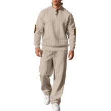 (Khaki, XL) Lässiges Herren-Herbstset: Lange Hose mit Stehkragen und Jacquard-Rippstrickpullover