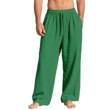 (Emerald Green, XL) Pantaloni lunghi da uomo in lino, larghi e casual, con tasche e coulisse, tinta unita, alla moda.