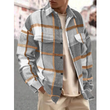(Light Gray, S) Camicia da uomo vintage a quadri spazzolati, giacca casual elegante a maniche lunghe con colletto risvoltato.