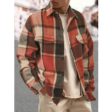 (Orange Red, S) Camicia da uomo vintage a quadri spazzolati, giacca casual elegante a maniche lunghe con colletto risvoltato.