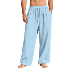 (Light Blue, L) Pantaloni lunghi da uomo in lino, larghi e casual, con tasche e coulisse, tinta unita, alla moda.