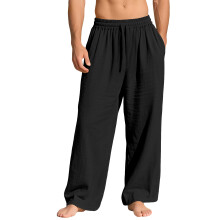 (Black, L) Pantaloni lunghi da uomo in lino, larghi e casual, con tasche e coulisse, tinta unita, alla moda.