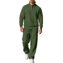 (Army Green, L) Lässiges Herren-Herbstset: Lange Hose mit Stehkragen und Jacquard-Rippstrickpullover