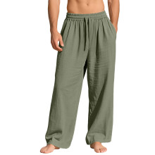 (Army Green, M) Pantaloni lunghi da uomo in lino, larghi e casual, con tasche e coulisse, tinta unita, alla moda.